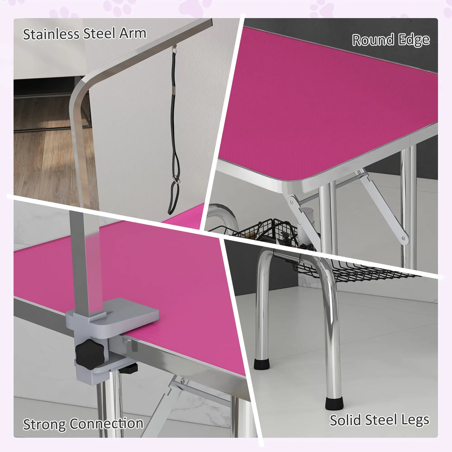 Foldable Dog Grooming Table, Height Adjustable Arm, Storage Shelf, Pink Dog Grooming Tables at Gallery Canada