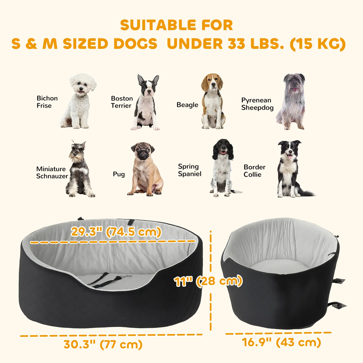 Dog Car Seat for Small Medium Pets, Detachable Washable Pet Bed with Cushion and Safety Belt, Black Elevated Dog Beds at Gallery Canada