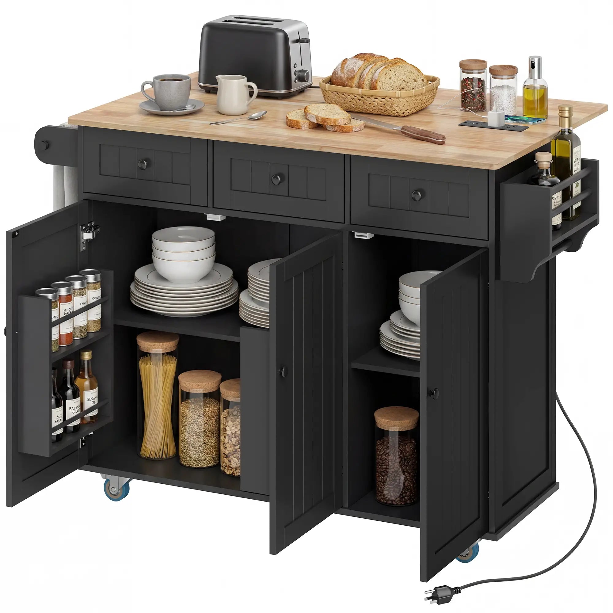 Kitchen Island On Wheels With Drop Leaf, Charging Station, Black Kitchen Islands & Kitchen Carts at Gallery Canada