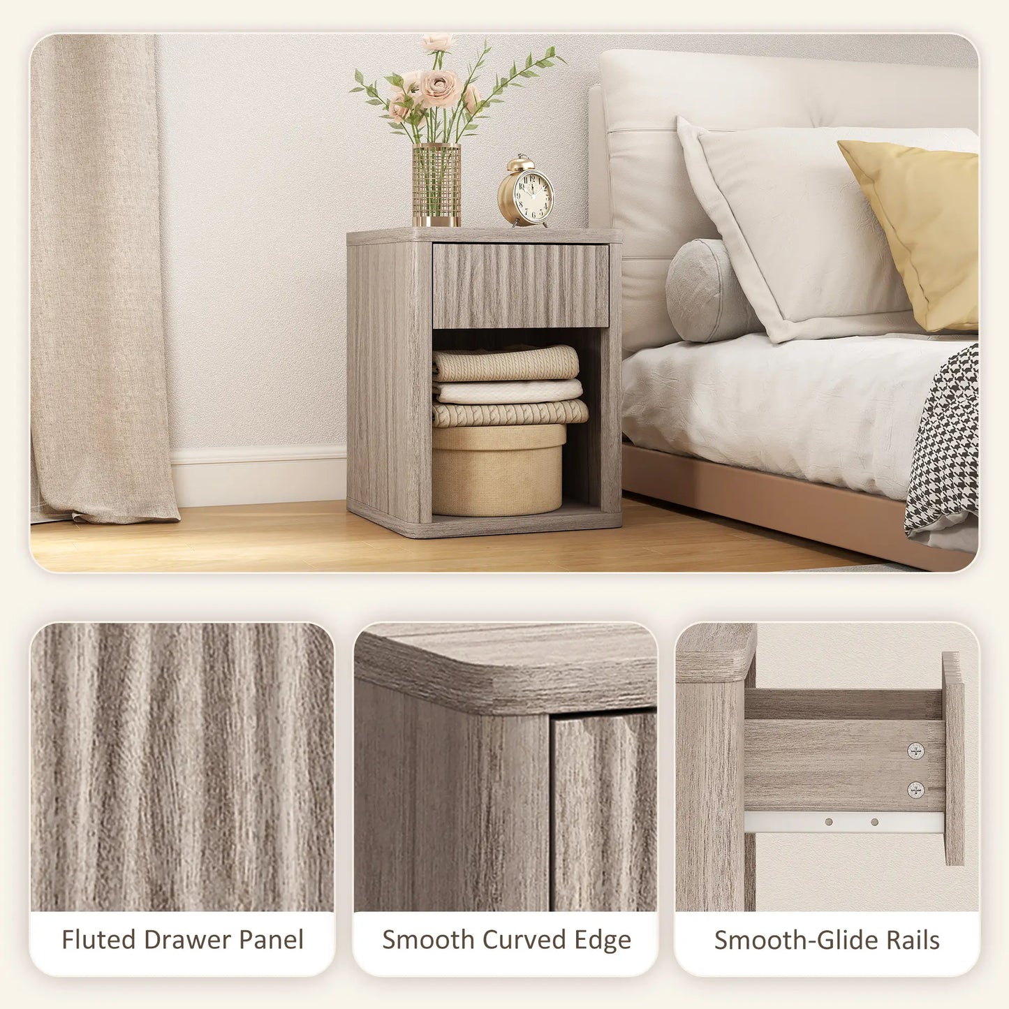 Modern Nightstand With Drawer, Open Shelf, Set Of 2, Grey Bedside Tables at Gallery Canada