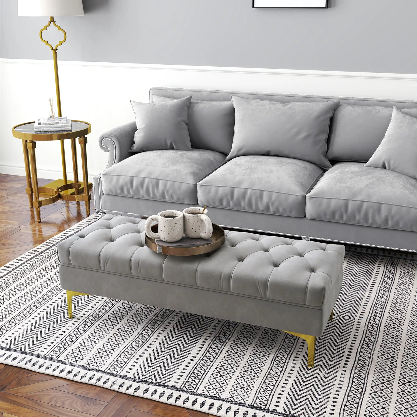 Upholstered End of Bed Bench, Button Tufted, Grey Storage Ottomans & Benches at Gallery Canada