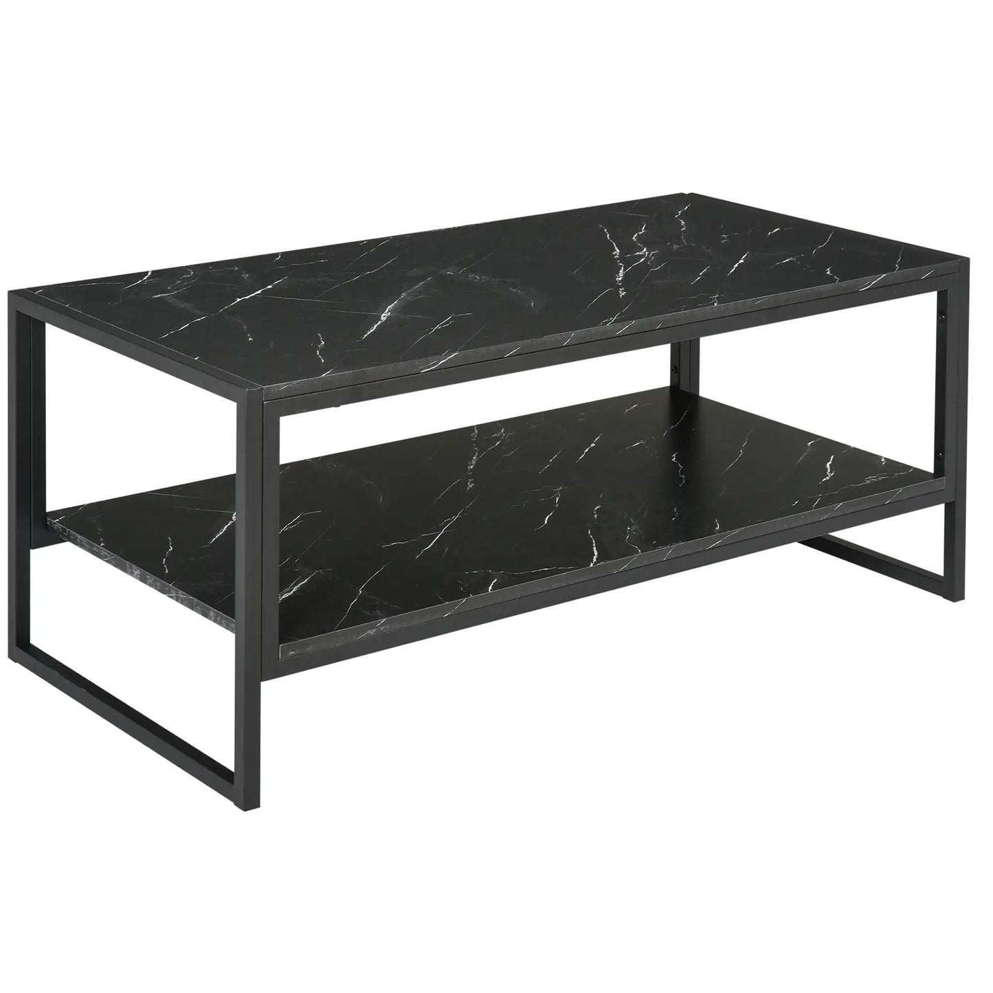 2-Tier Coffee Table with Storage, Marble Textured Top, Black Coffee Tables Black at Gallery Canada