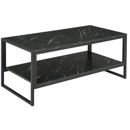 2-Tier Coffee Table with Storage, Marble Textured Top, Black Coffee Tables Black at Gallery Canada