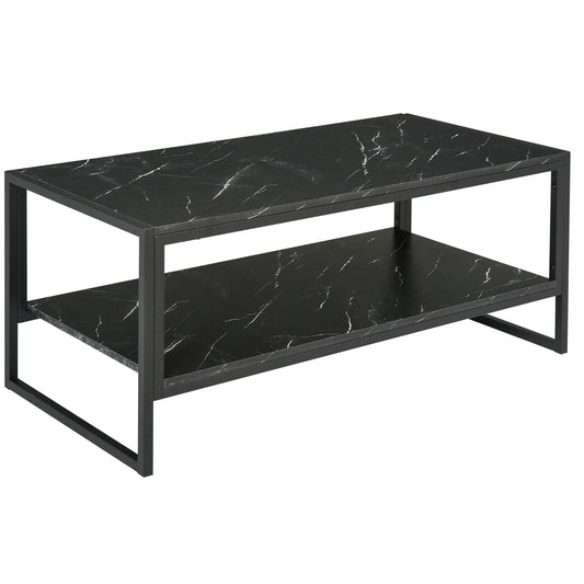2-Tier Coffee Table with Storage, Marble Textured Top, Black Coffee Tables Black at Gallery Canada