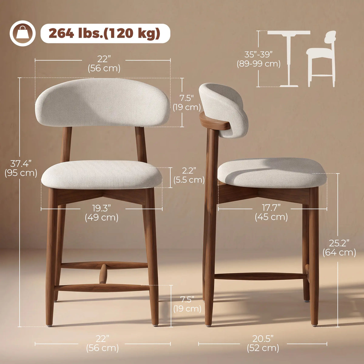 Bar Stools Set Of 2, Cream White, Curved Back Counter Height