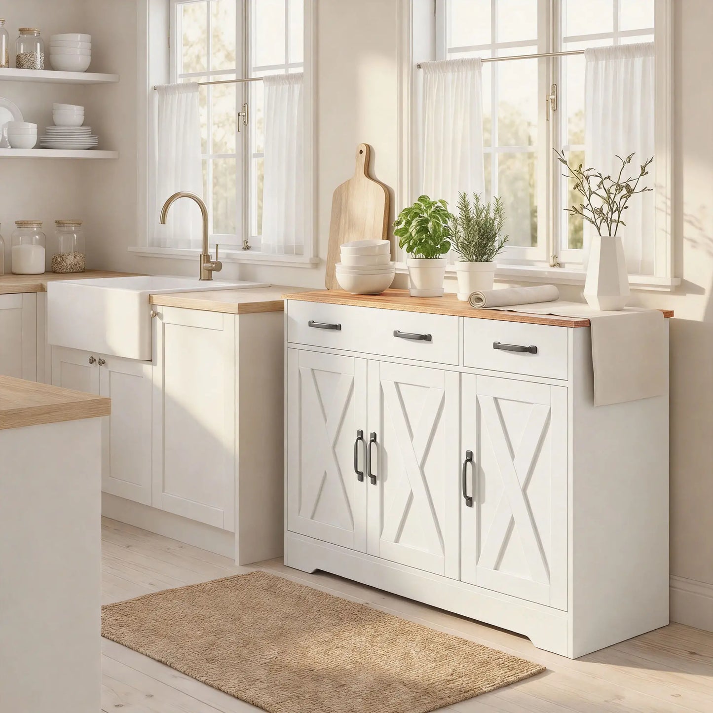 43" Sideboard Buffet Cabinet, 3 Barn Doors, 2 Drawers, White Bar Cabinets at Gallery Canada