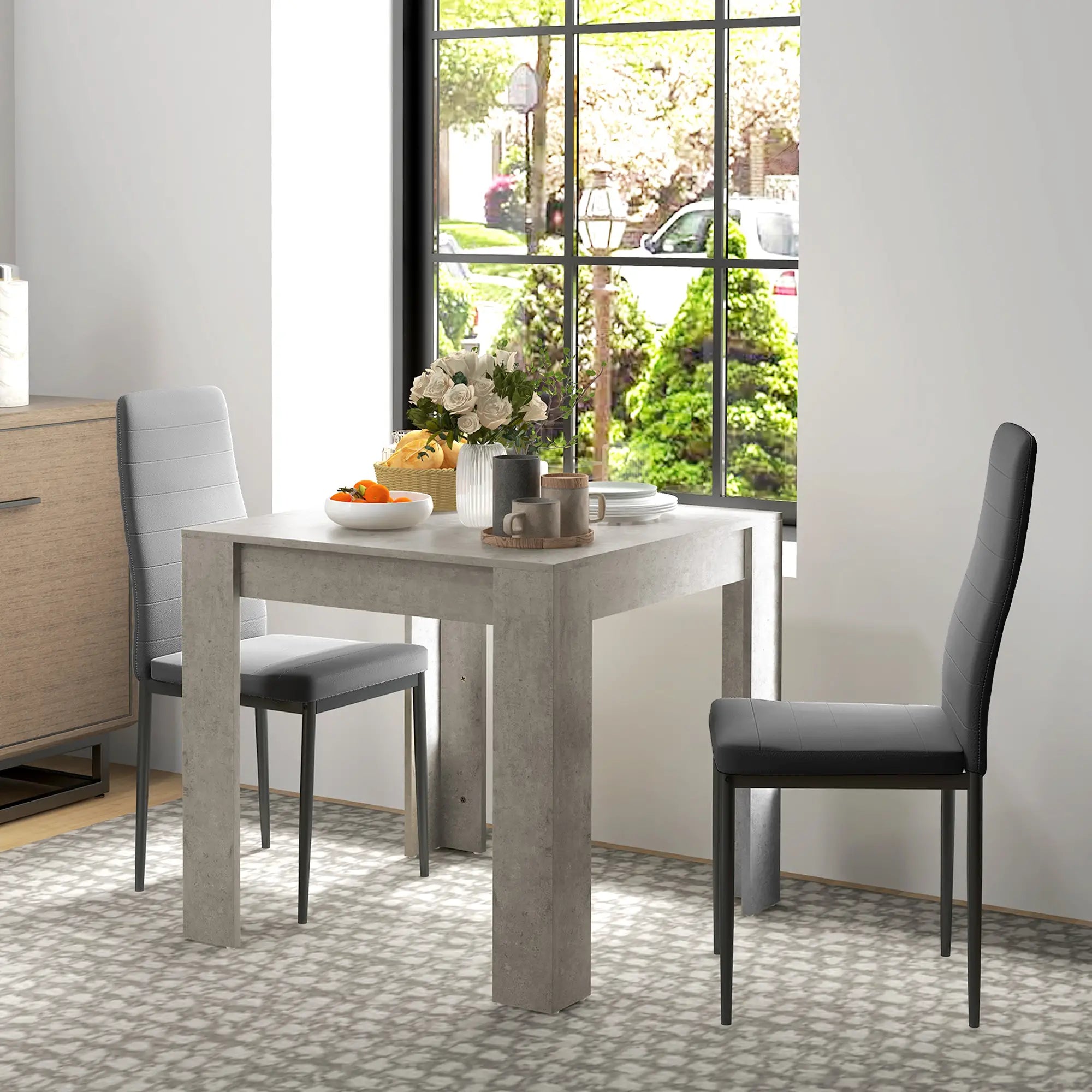 Square Dining Table Set for 2, Faux Cement Table, PU Leather Chairs Bar Sets at Gallery Canada