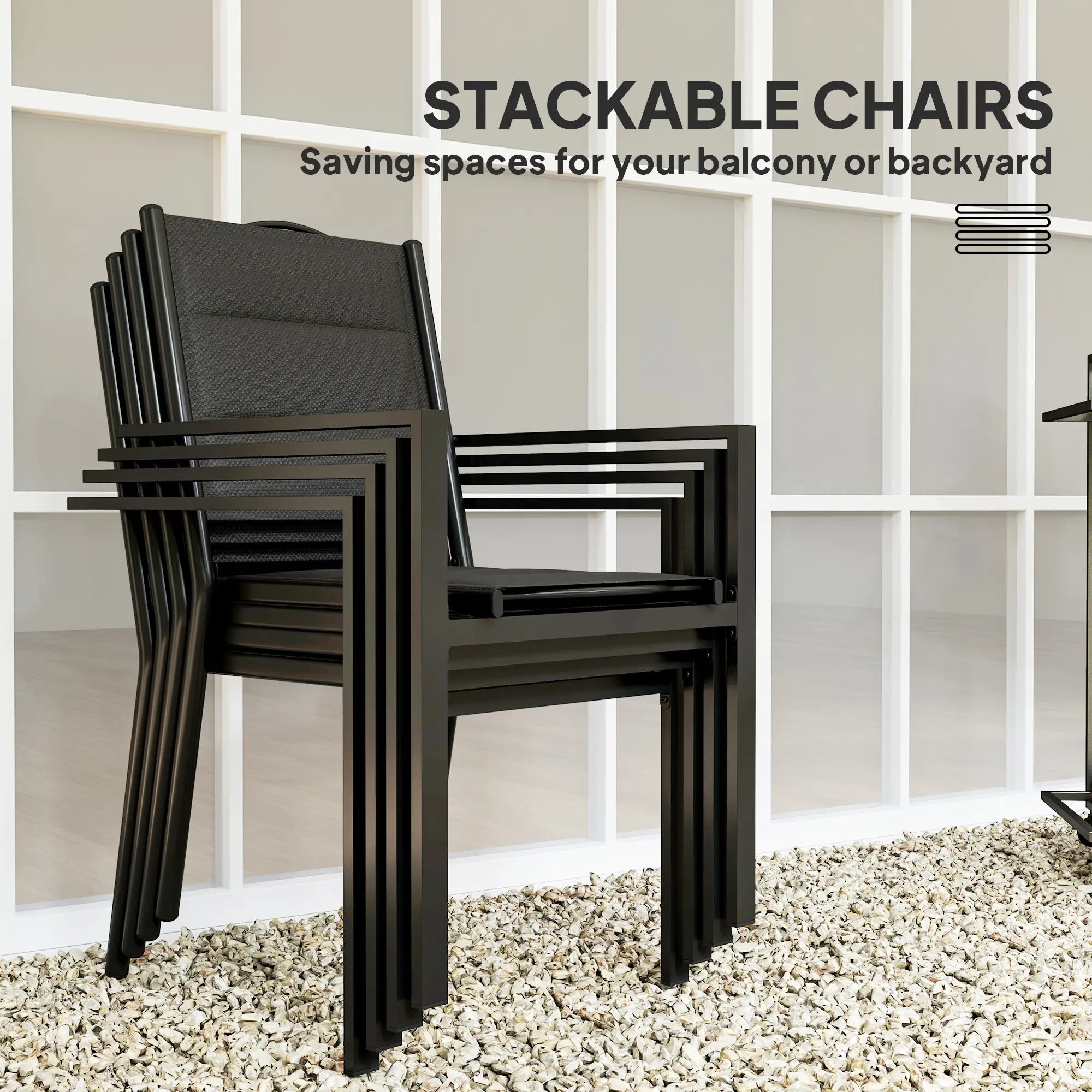 5 Piece Outdoor Dining Set, 4 Stackable Chairs, Rectangle Table, Tempered Glass Top, Steel Frame, Black Outdoor Dining Sets at Gallery Canada
