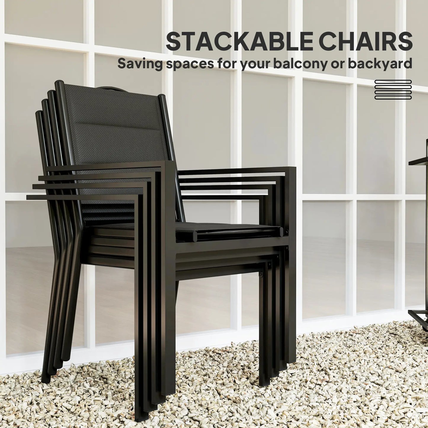 5 Piece Outdoor Dining Set, 4 Stackable Chairs, Rectangle Table, Tempered Glass Top, Steel Frame, Black Outdoor Dining Sets at Gallery Canada