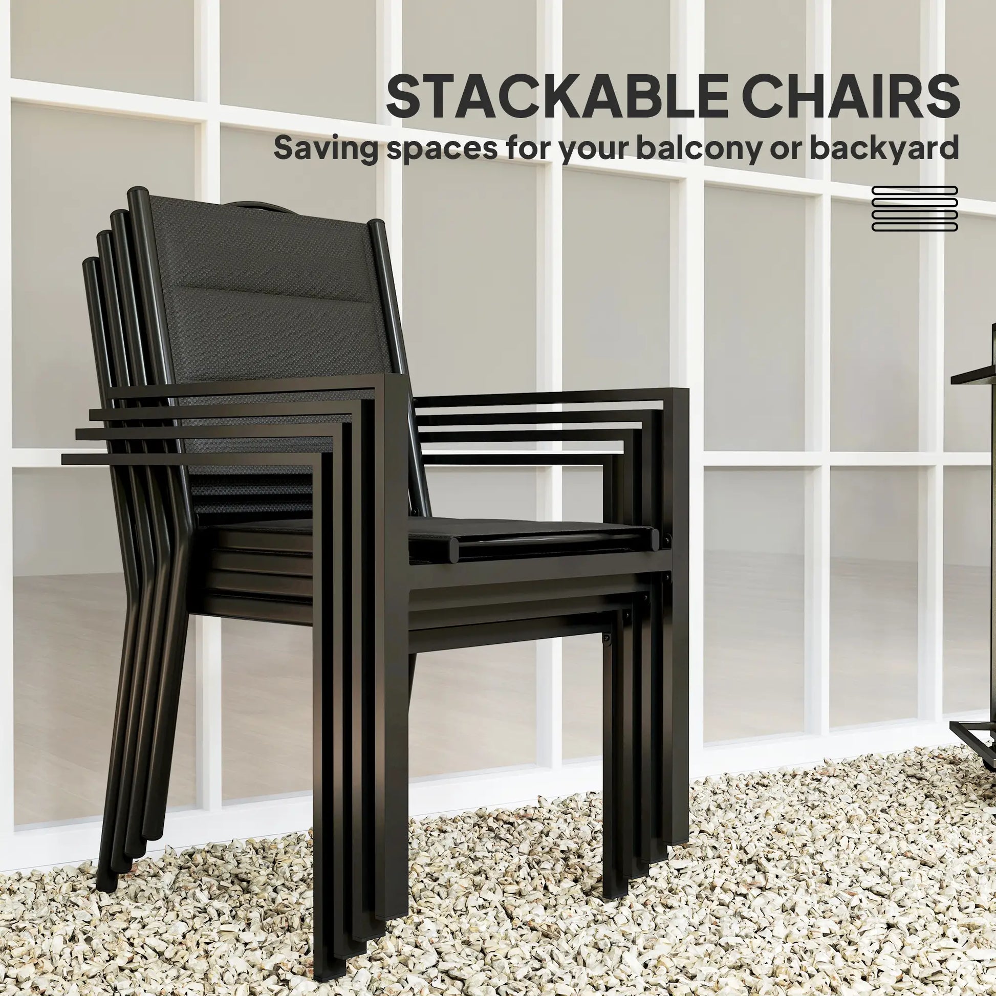 5 Piece Outdoor Dining Set, 4 Stackable Chairs, Rectangle Table, Tempered Glass Top, Steel Frame, Black Outdoor Dining Sets at Gallery Canada