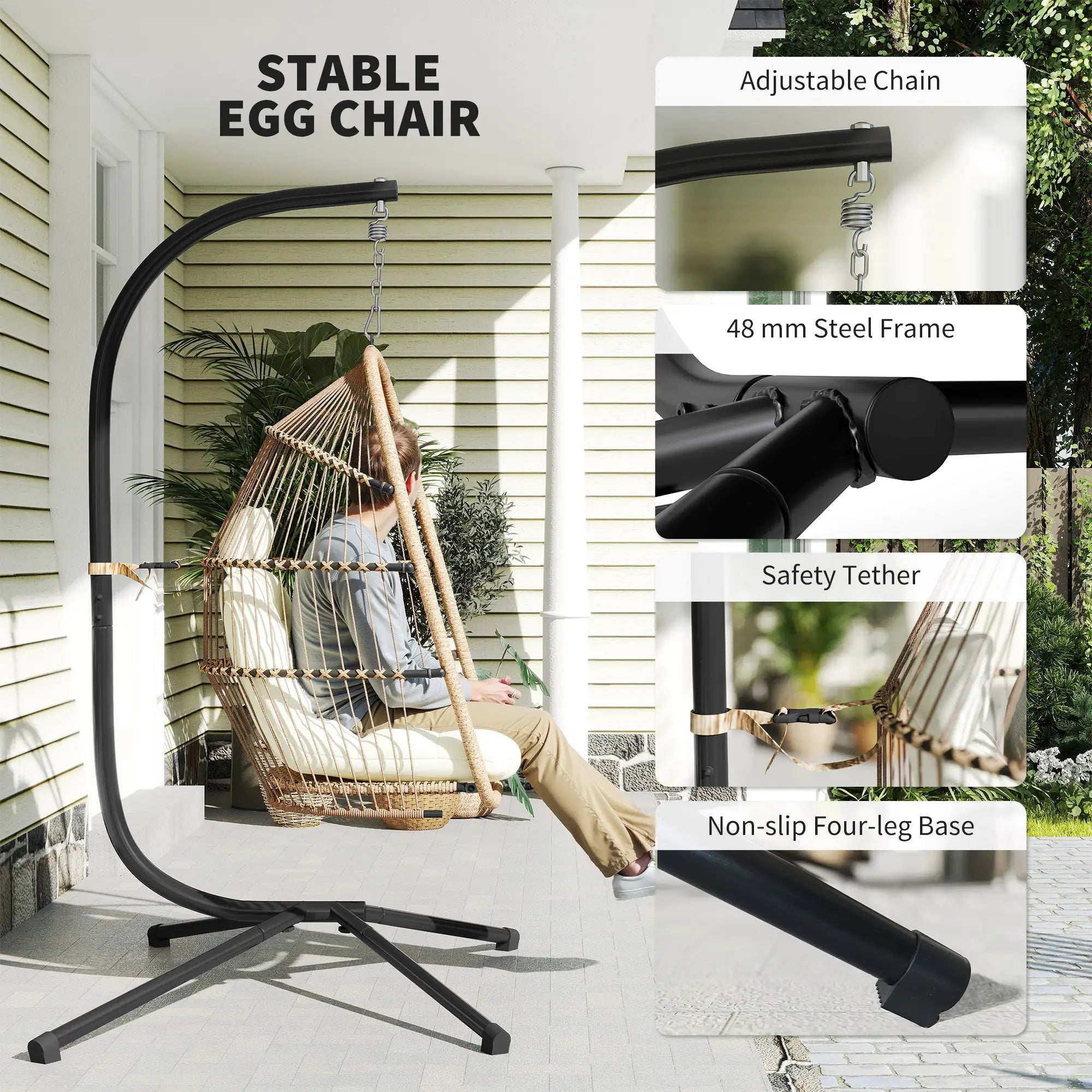 Foldable Wicker Egg Swing Chair, With Stand And UV Cushion, Beige Patio Chairs at Gallery Canada