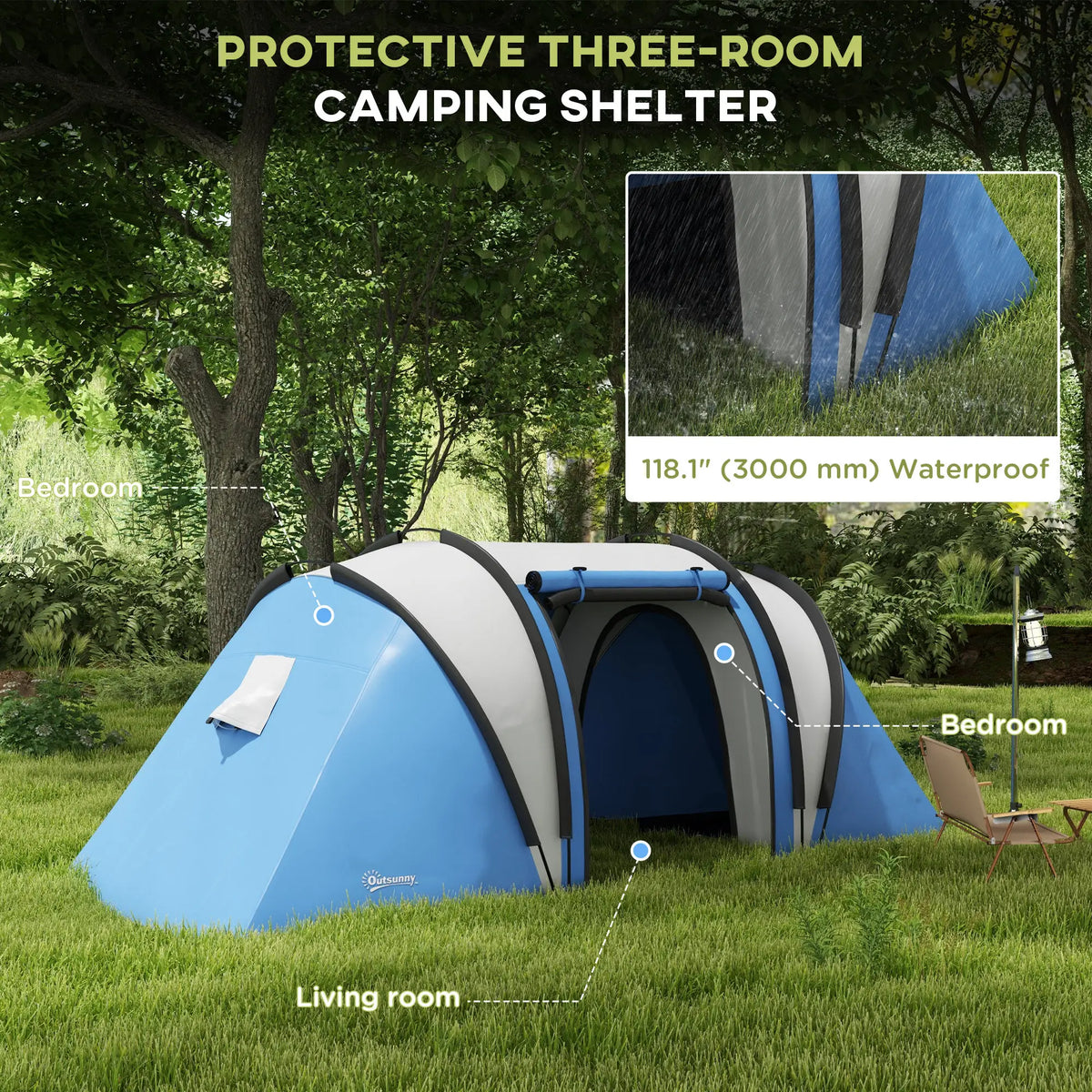 Camping Tent, 2 Bedrooms, Living Area, 3000mm Waterproof, Blue Camping Tents at Gallery Canada