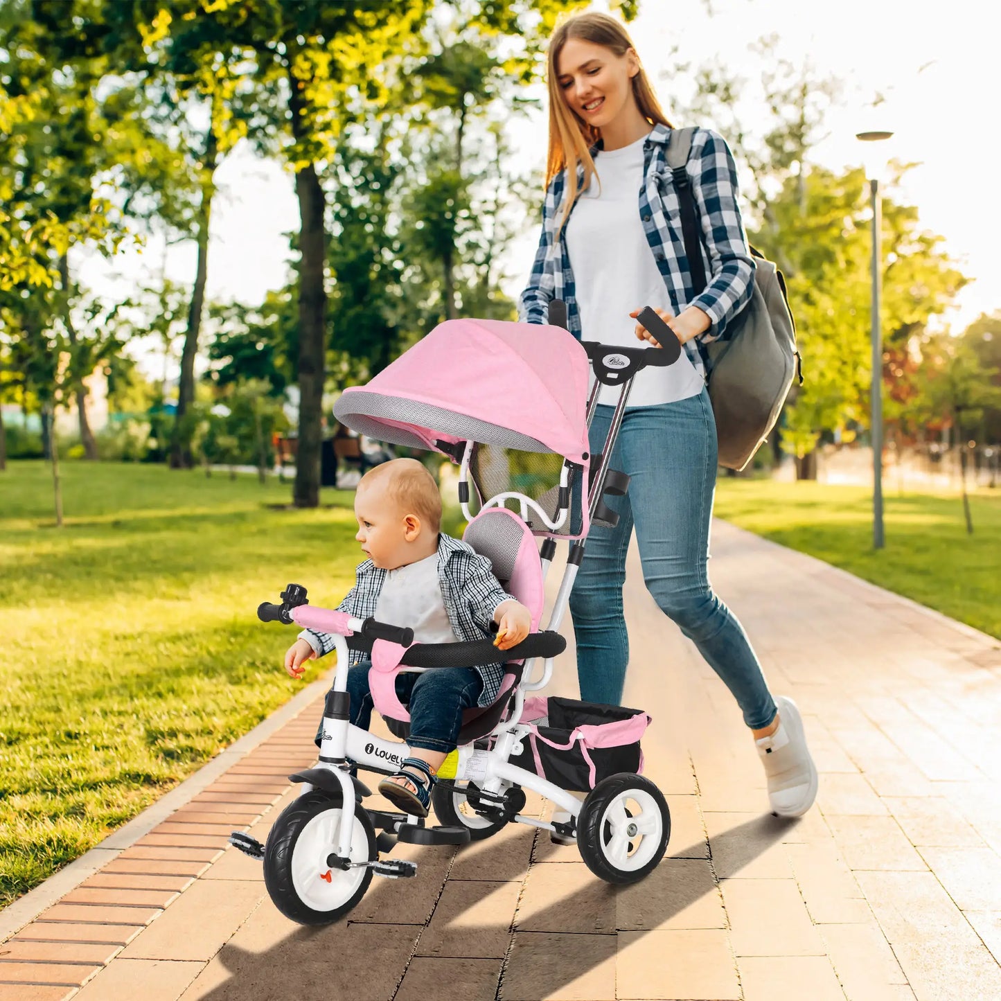 6 in 1 Toddler Tricycle Stroller with Basket, Canopy, 5-point Safety Harness, for 12-60 Months, Pink Tricycles for Kids at Gallery Canada