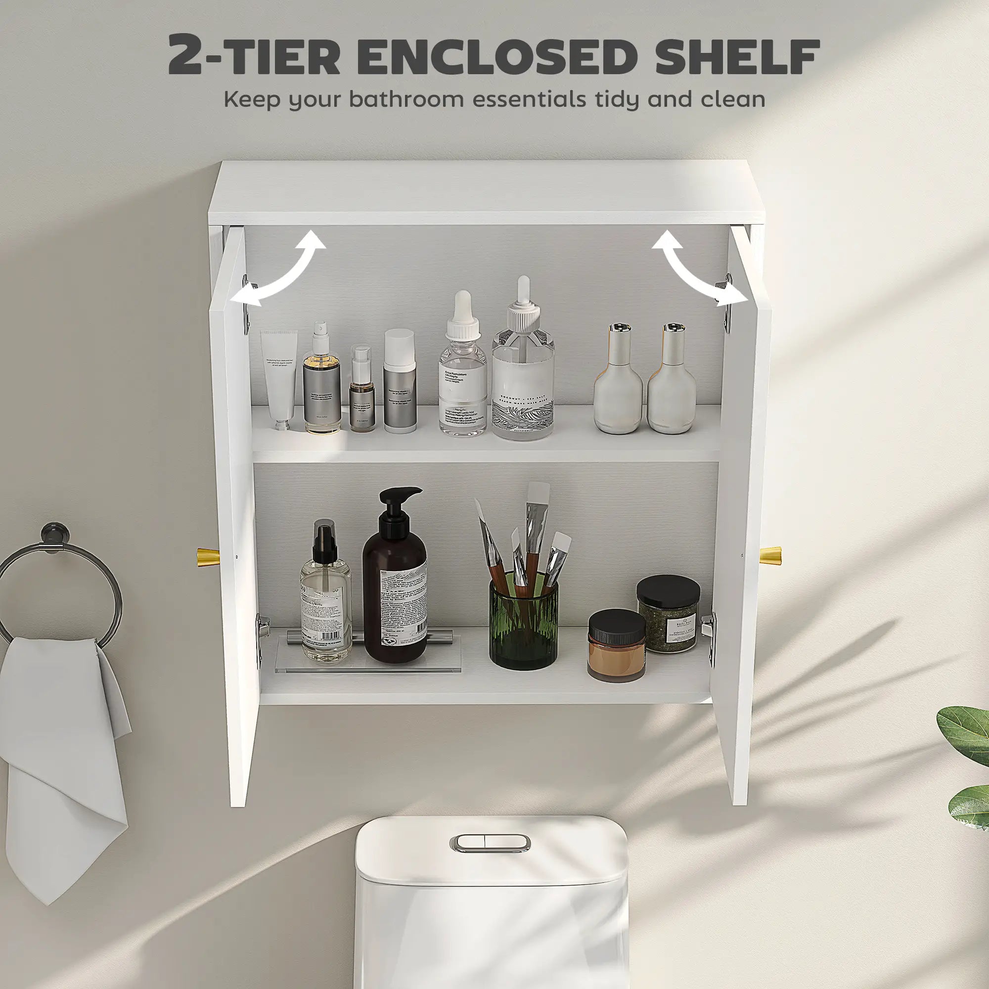 Modern Medicine Cabinet, Wood Grain, 2 Arched Doors, Gold Handles, White Bathroom Cabinets at Gallery Canada