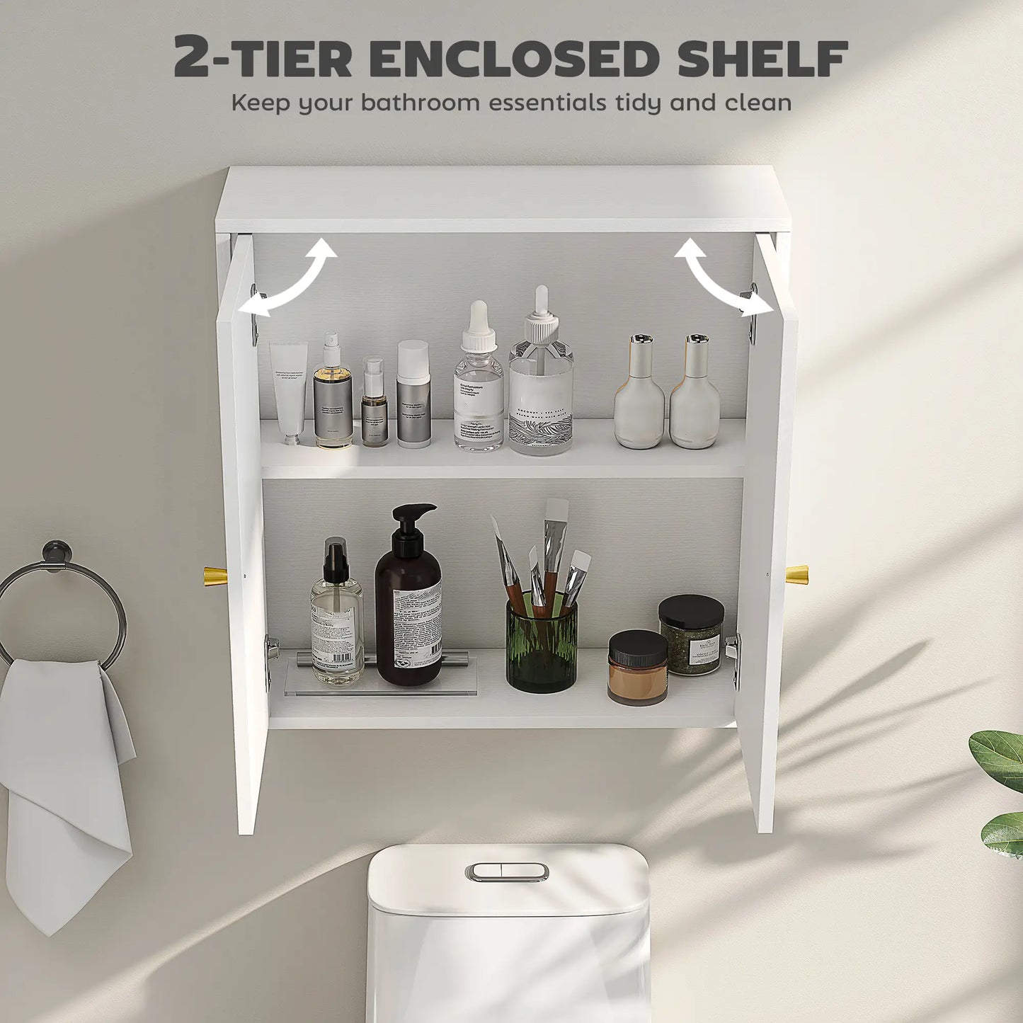 Modern Medicine Cabinet, Wood Grain, 2 Arched Doors, Gold Handles, White Bathroom Cabinets at Gallery Canada