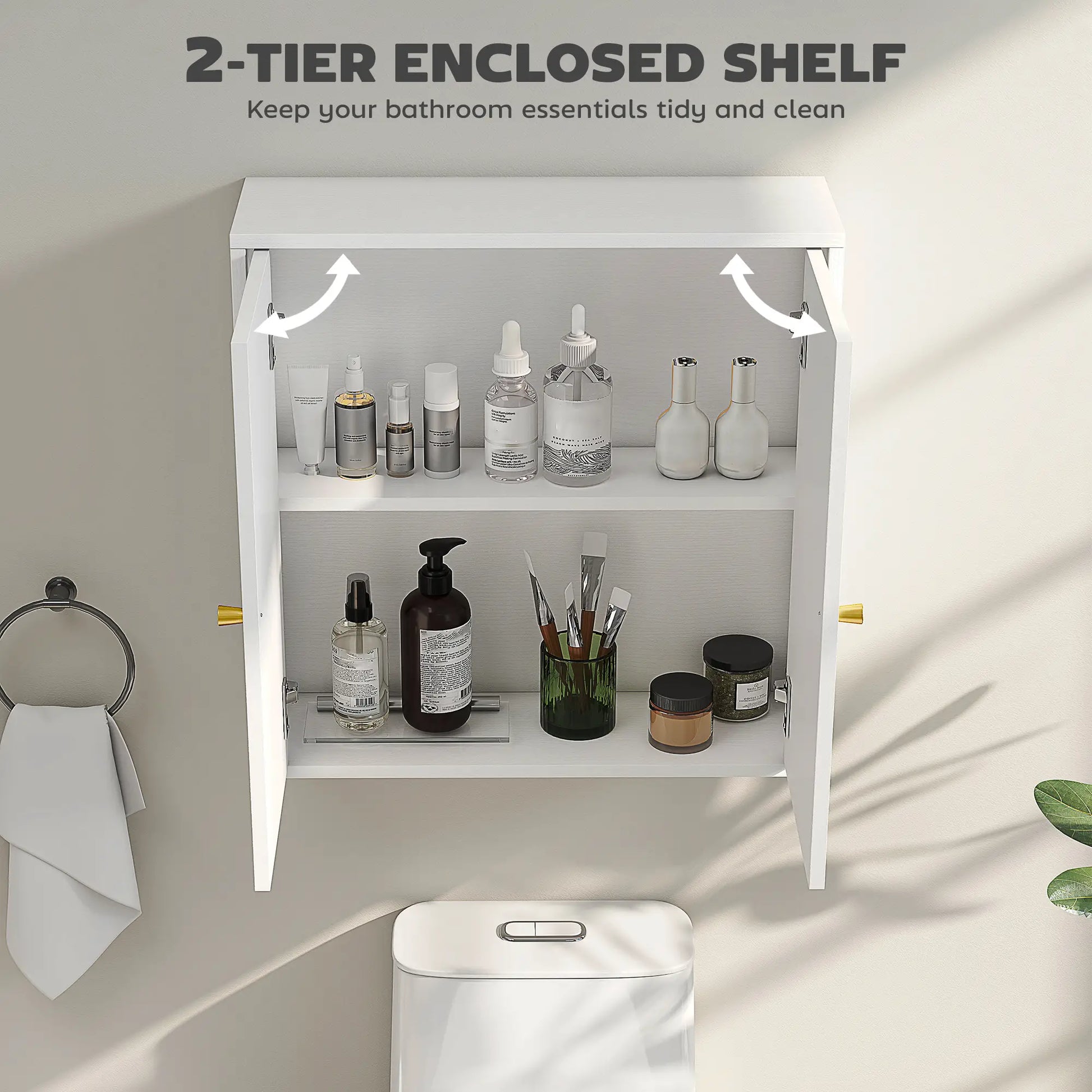 Modern Medicine Cabinet, Wood Grain, 2 Arched Doors, Gold Handles, White Bathroom Cabinets at Gallery Canada