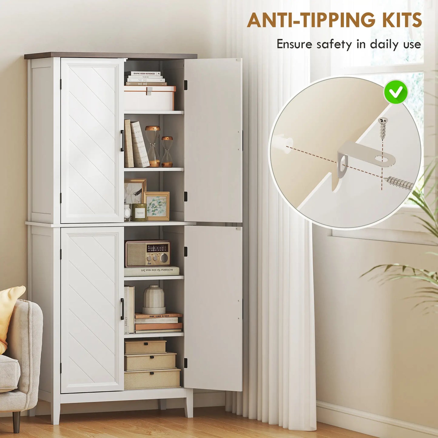 70" Tall Kitchen Cabinet, 4 Doors, 4 Adjustable Shelves, White Kitchen Pantry Cabinets at Gallery Canada