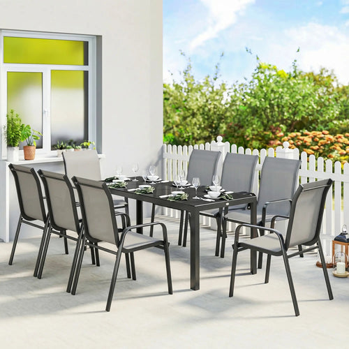 9 Piece Patio Set, Stackable Chairs, Glass Top, Light Grey