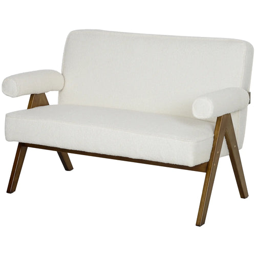 Boucle Fabric 2 Seater Sofa, Small Loveseat, Thick Padding, Wood Legs, Cream White