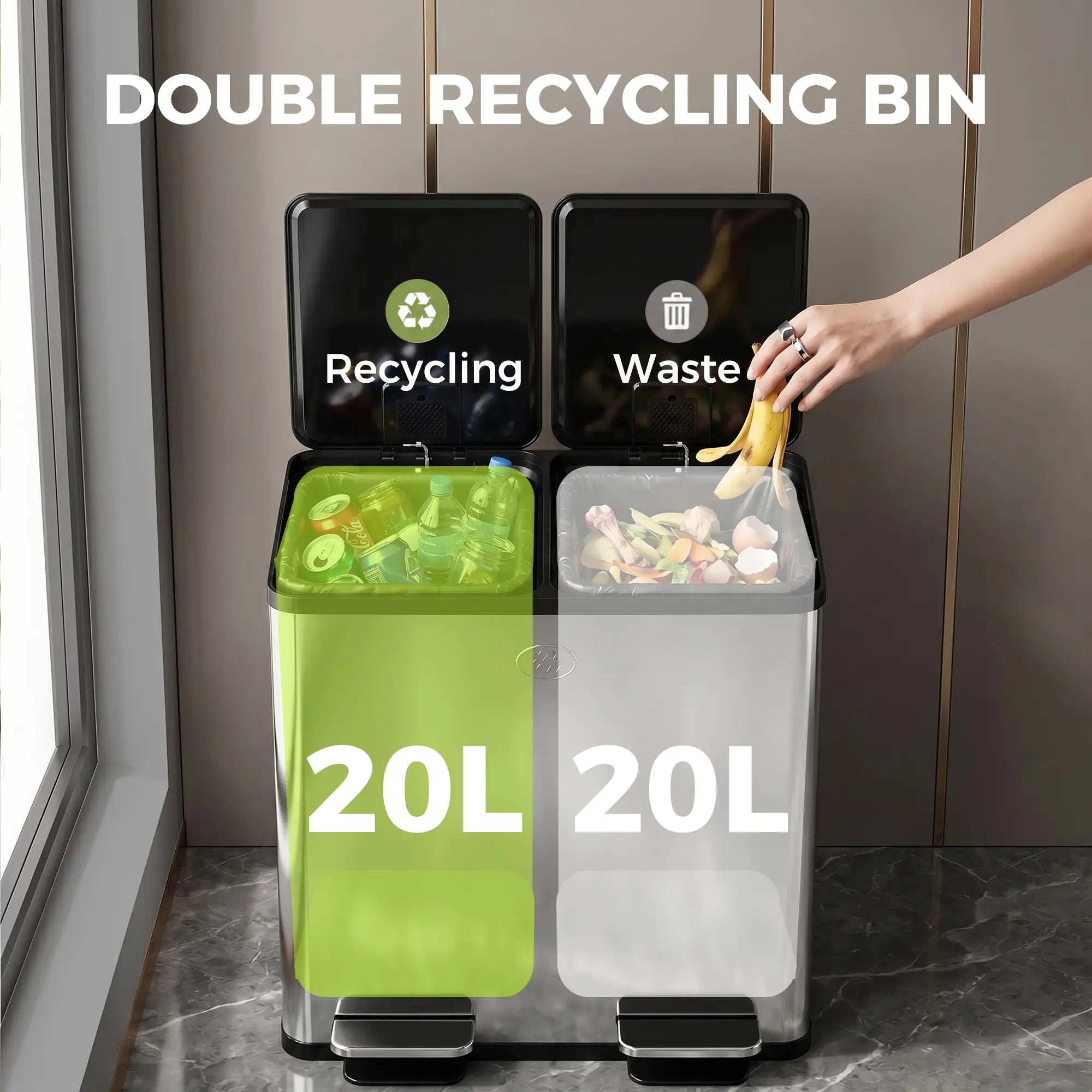 Dual Garbage Bin, Soft Close Trash Can, 2 x 20 Liter, Silver Household Supplies at Gallery Canada