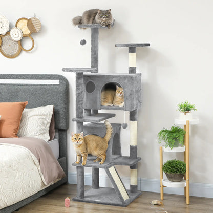 54" Cat Tree, Multi-Level Tower With Scratching Posts, Light Grey