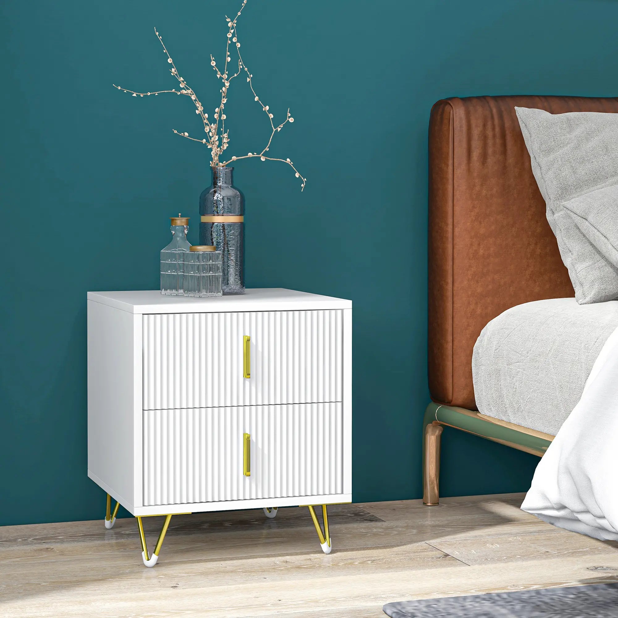 Modern Nightstand, 2 Drawers, Metal Legs, Bedroom Living Room, White Bedside Tables at Gallery Canada