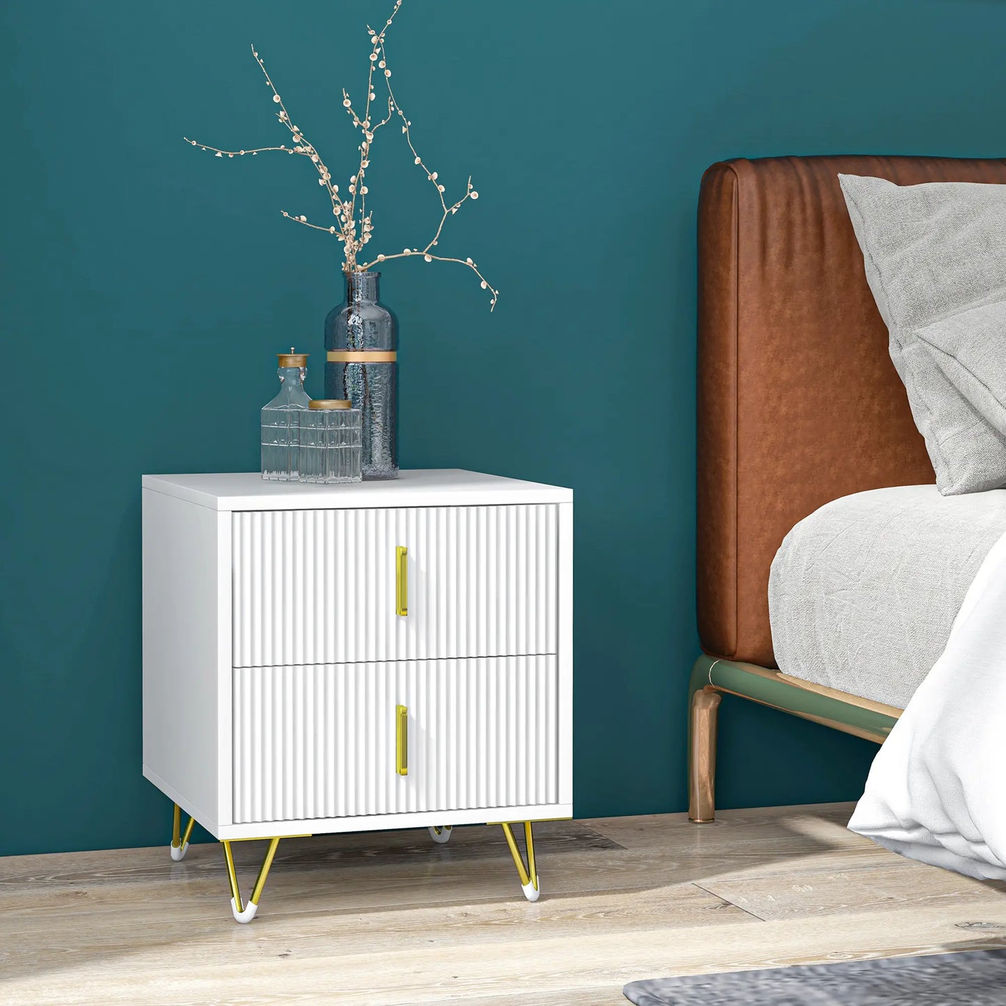 Modern Nightstand, 2 Drawers, Metal Legs, Bedroom Living Room, White Bedside Tables at Gallery Canada
