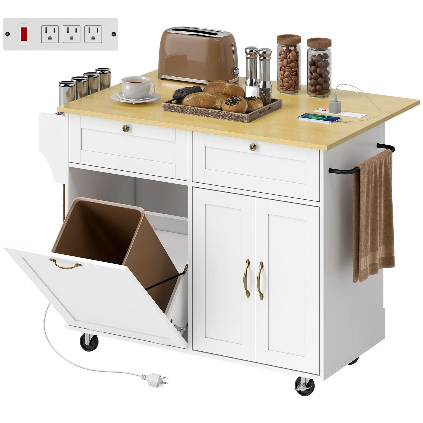 Kitchen Island Cart with Charging Station, Drop Leaf, Trash Can Cabinet, White Kitchen Islands & Kitchen Carts at Gallery Canada