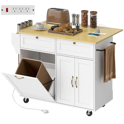 Kitchen Island Cart with Charging Station, Drop Leaf, Trash Can Cabinet, White Kitchen Islands & Kitchen Carts at Gallery Canada