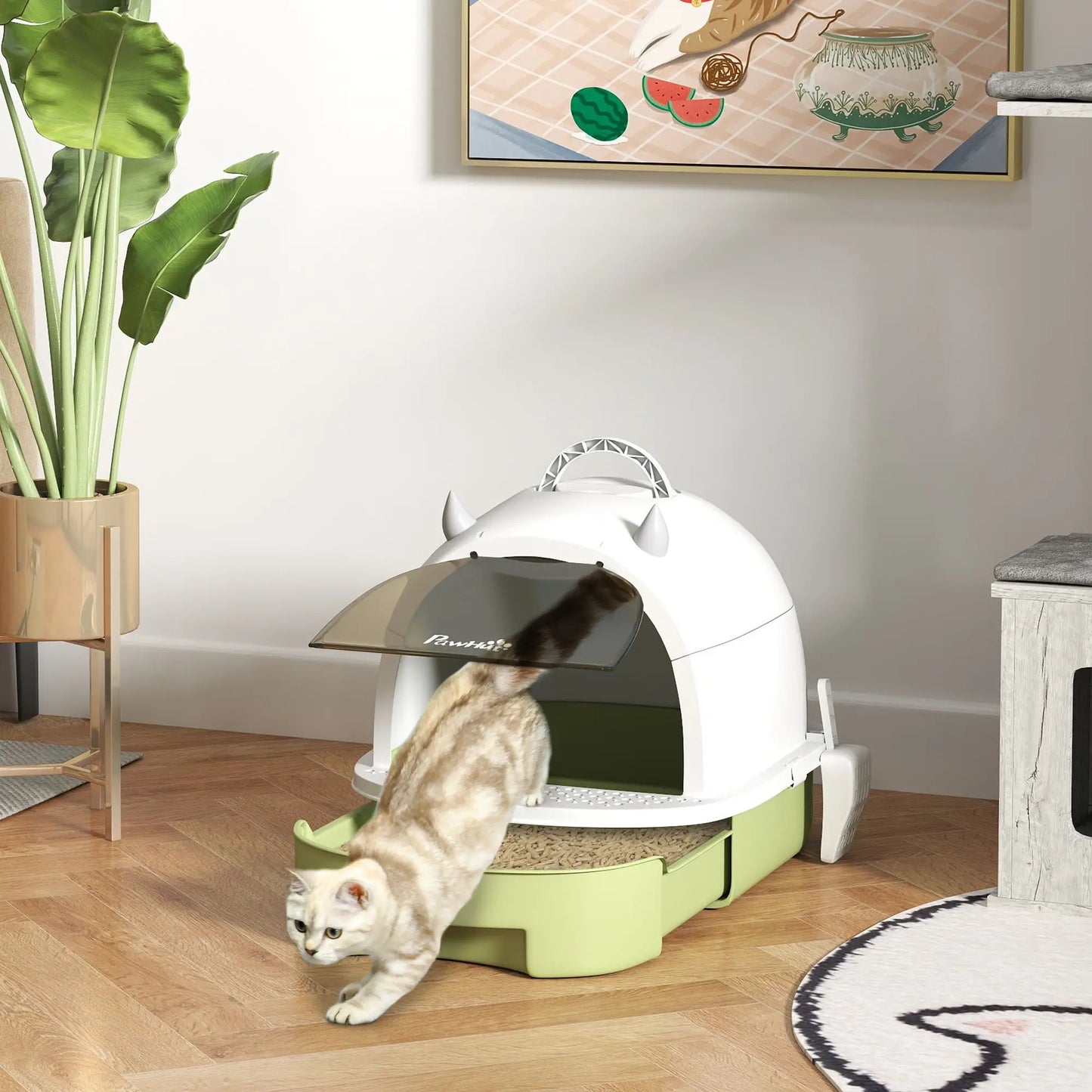Cat Litter Box with Lid, Front Door Flap, Scoop, Handle, Easy Clean, Green Cat Litter Box Enclosures at Gallery Canada