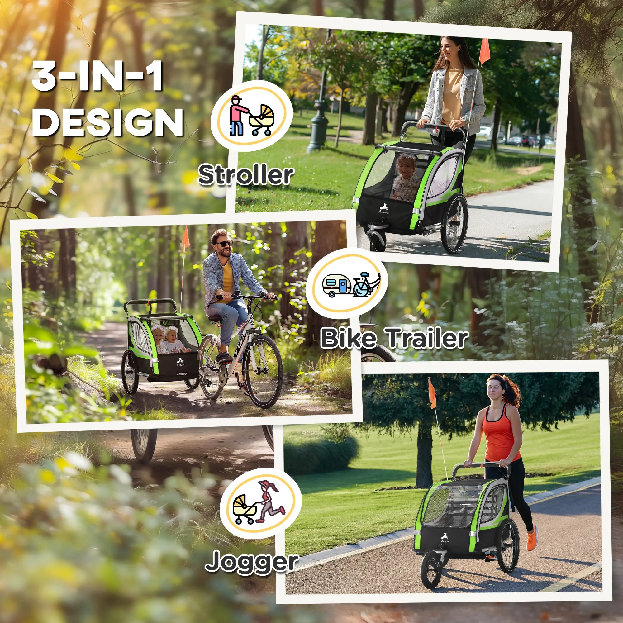 3-in-1 Bike Trailer, Running Stroller, 2 Seats, 5-Point Harness, Storage, Green Kids Bike Trailers at Gallery Canada