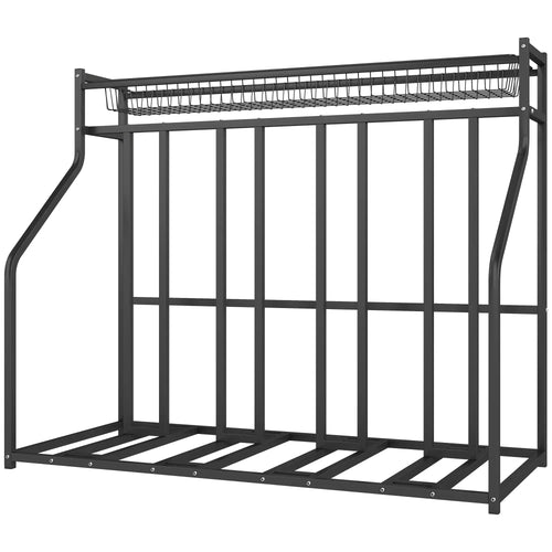 4 Bike Stand, Metal Floor Storage Rack with Basket, Hooks, Black