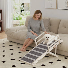 Folding Dog Ramp, 4 Adjustable Height 15" to 19", Side Rails Dog Stairs Natural, Grey at Gallery Canada