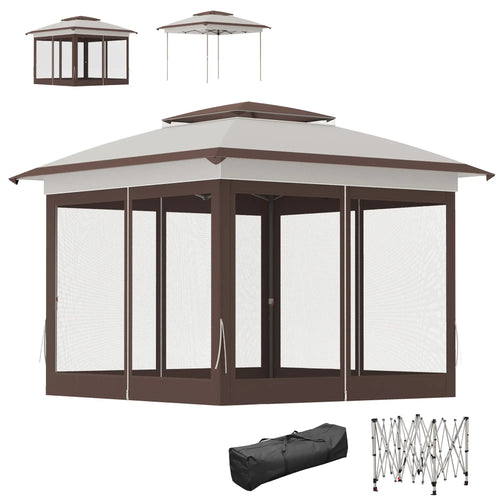 12' x 12' Pop Up Canopy, Sun Shade Tent, Mesh Sidewalls, Beige, Dark Brown