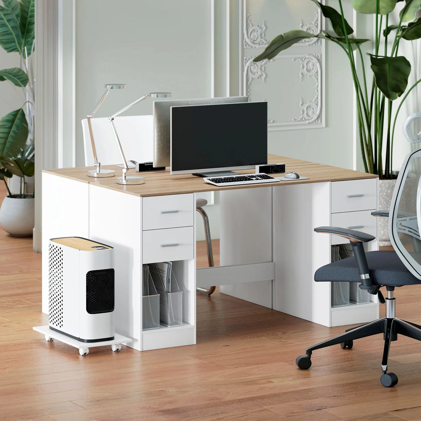 55 Inch Office Desk, White Wood Grain, 4 Reversible Drawers, Adjustable Shelf, White Computer Desks at Gallery Canada