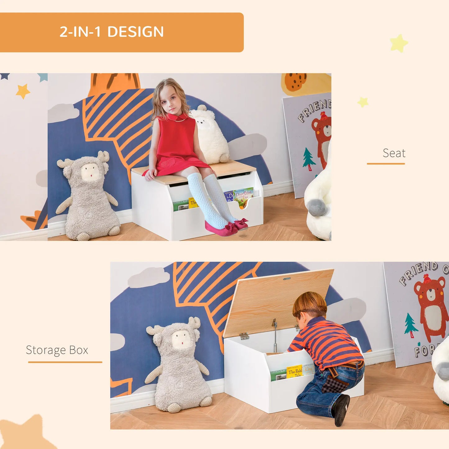 Wooden Kids Toy Box with Lid, Storage Organizer, Safety Hinge, White Baby & Kids Storage at Gallery Canada