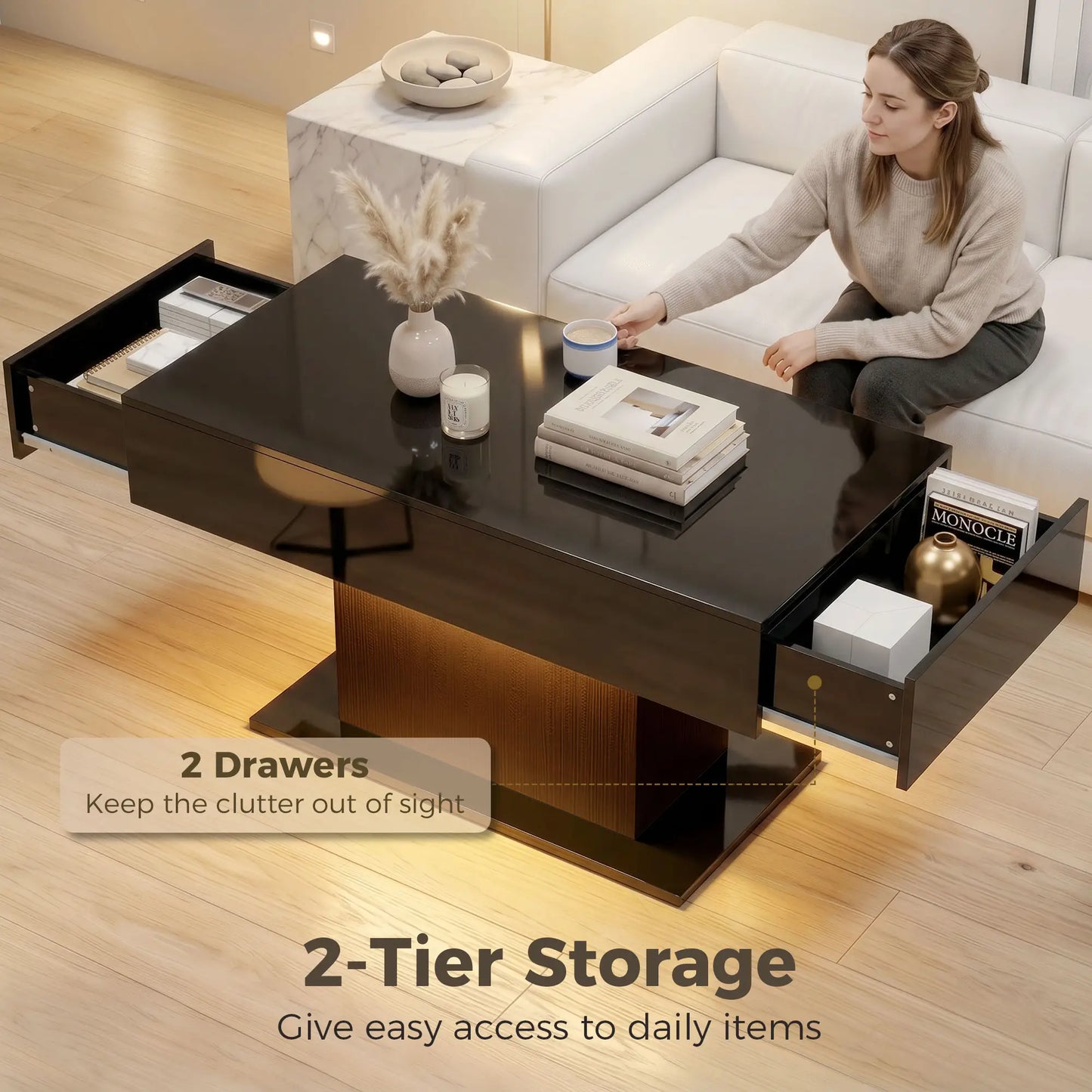 LED Coffee Table with Storage, High Gloss Modern Center Table with 2 Drawers and Remote Control for Living Room, Black