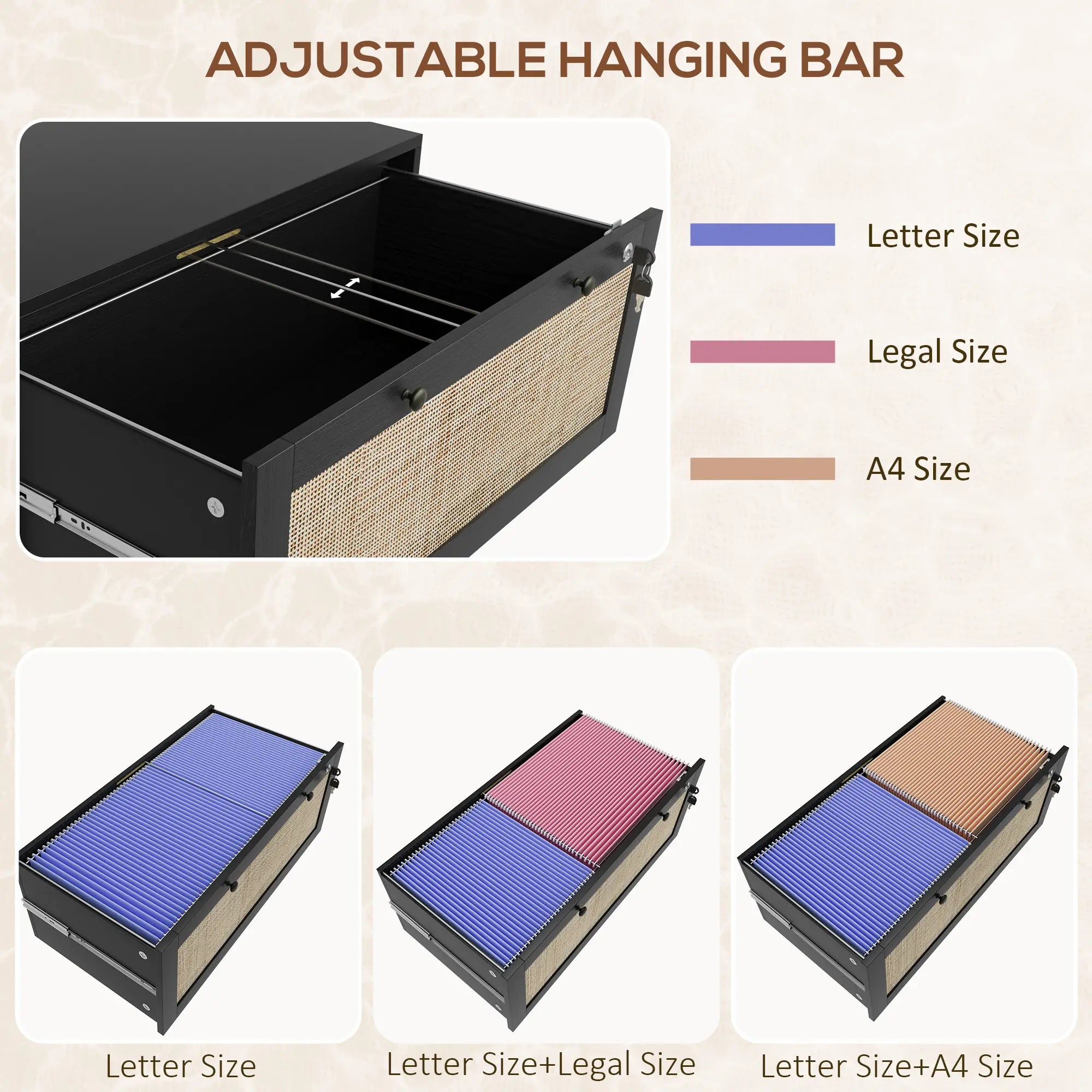 2-Drawer Filing Cabinet with Lock, Rattan, Adjustable Hanging Bar, Black Office Cabinets & Cupboards at Gallery Canada