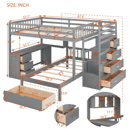 Over Twin Bunk Bed with Study Desk, Drawers, Shelves, 98" L x 80" W x 64.5" H, Grey Bed Frames at Gallery Canada
