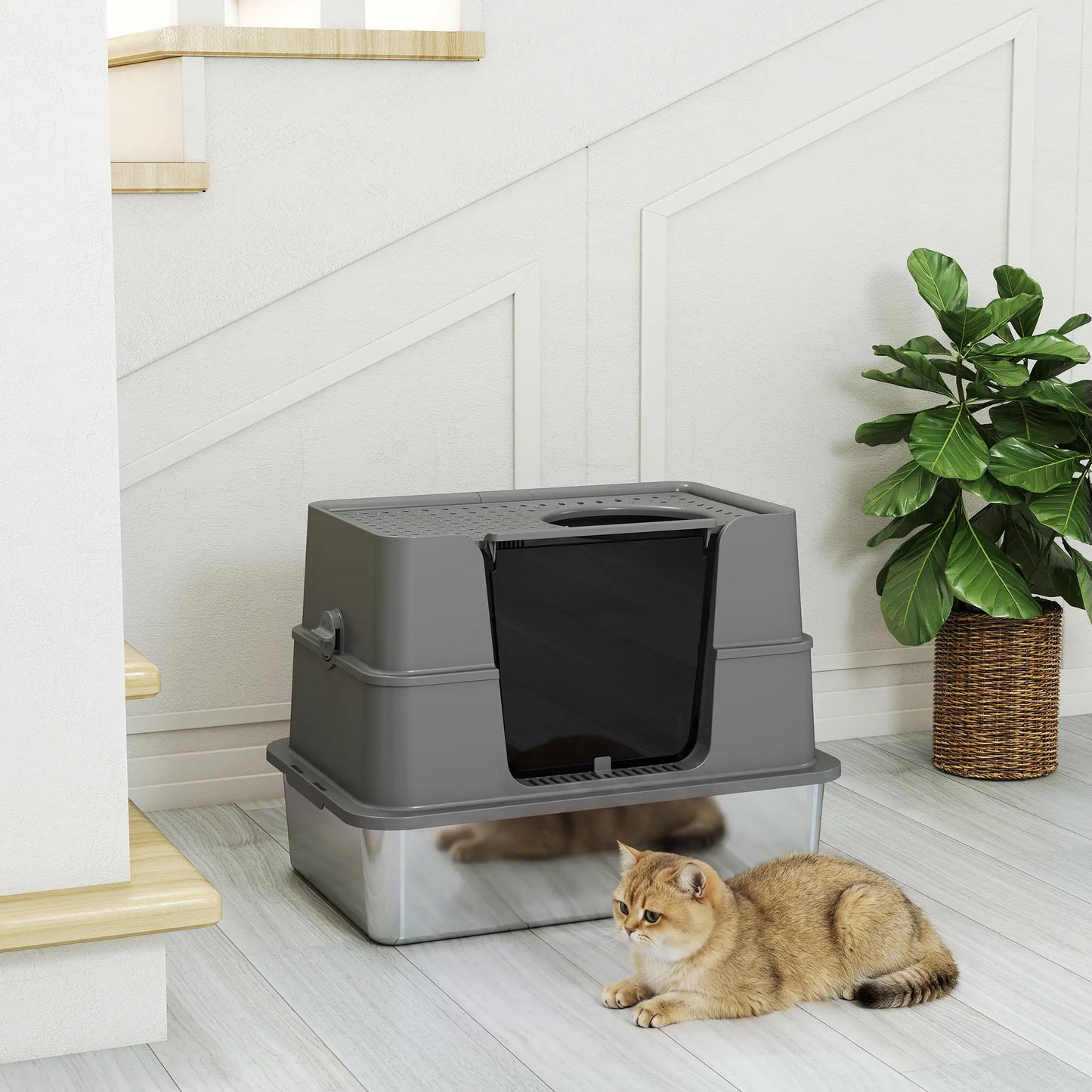 XL Stainless Litter Box With 100° Flip Top, Scoop, Dual Entry, Stainless
