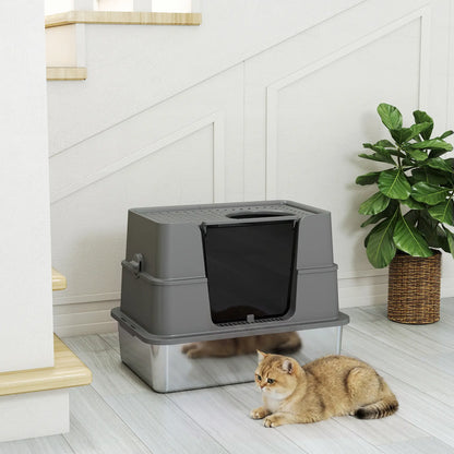 XL Stainless Litter Box With 100° Flip Top, Scoop, Dual Entry, Stainless