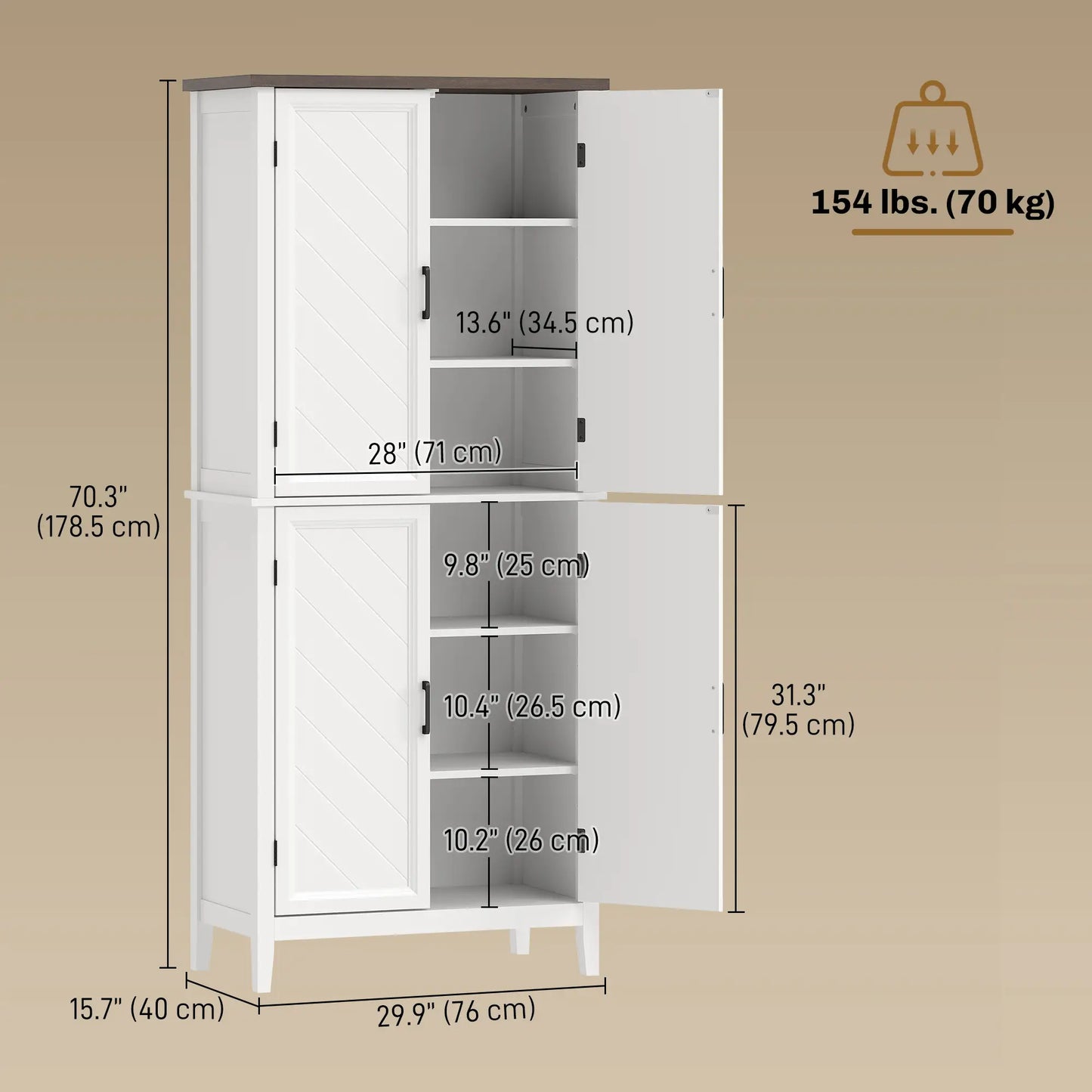70" Tall Kitchen Cabinet, 4 Doors, 4 Adjustable Shelves, White Kitchen Pantry Cabinets at Gallery Canada