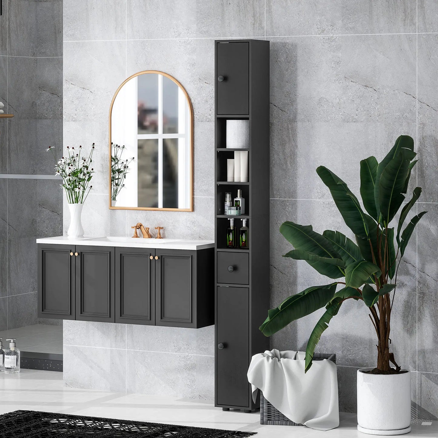 71" Tall Bathroom Cabinet, Narrow Toilet Paper Storage, 2 Door, Adjustable Shelves, Black Bathroom Cabinets at Gallery Canada