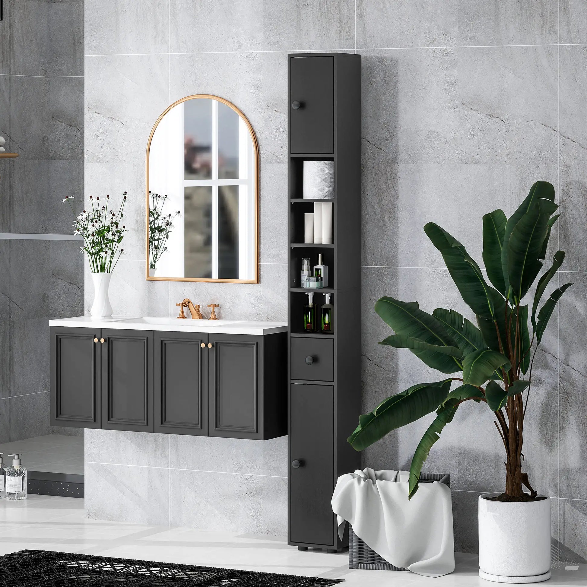 71" Tall Bathroom Cabinet, Narrow Toilet Paper Storage, 2 Door, Adjustable Shelves, Black Bathroom Cabinets at Gallery Canada