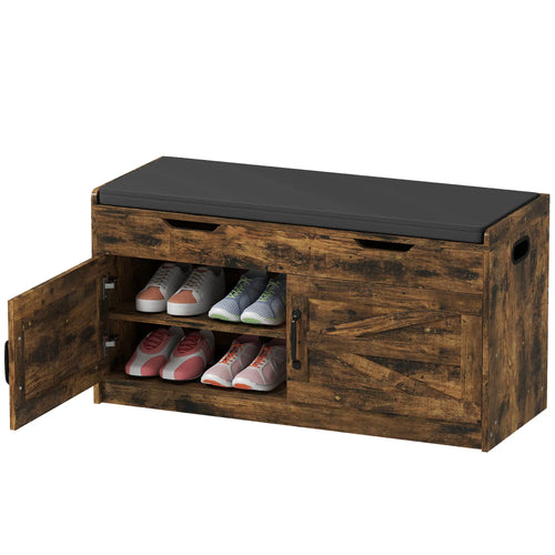 Shoe Storage Bench, 2-Tier Cabinet, Flip-Top, Padded Cushion, Rustic Brown