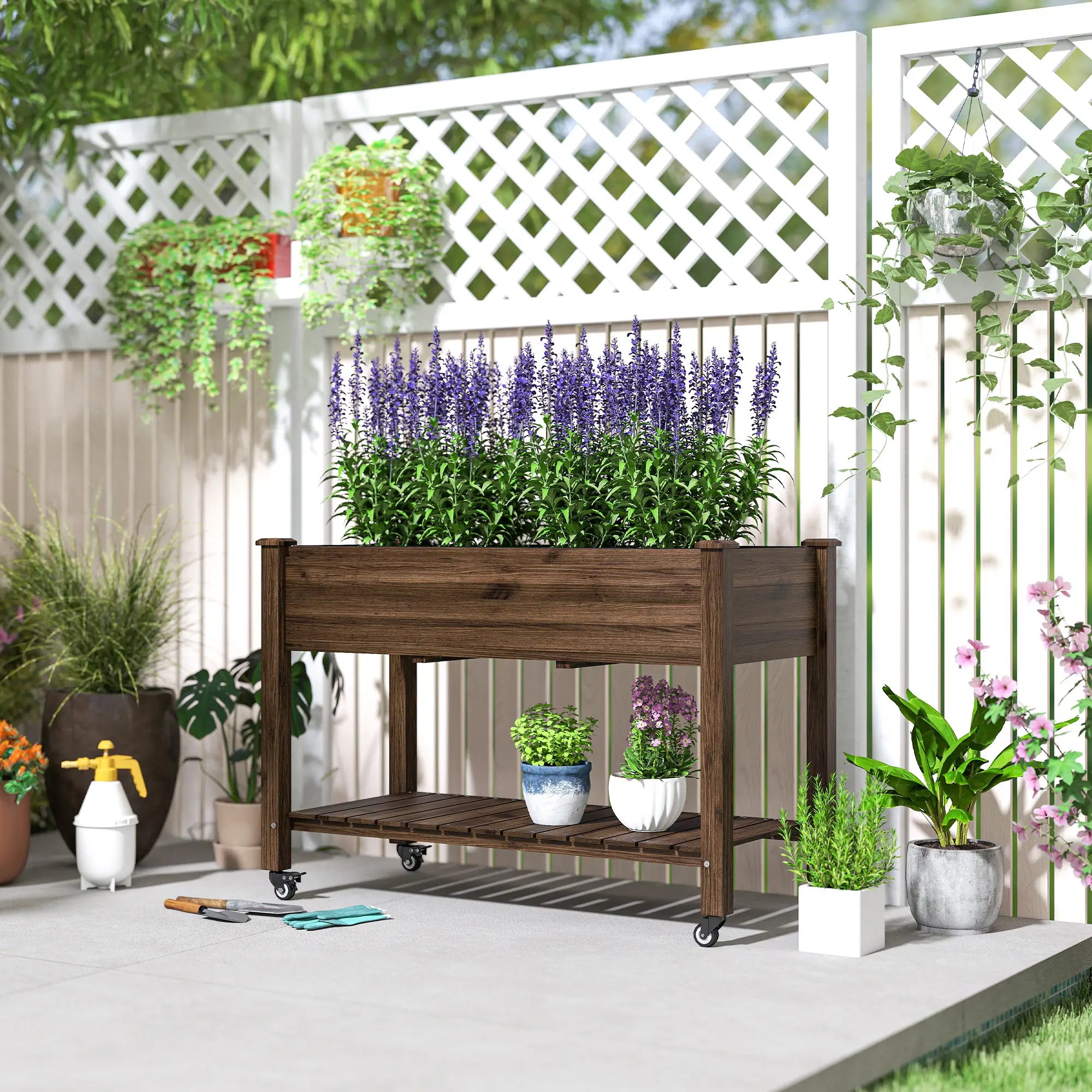 Mobile Raised Garden Bed, Elevated Wood Planter Box, Lockable Wheels, Storage Shelf, Carbonized Elevated Garden Beds at Gallery Canada