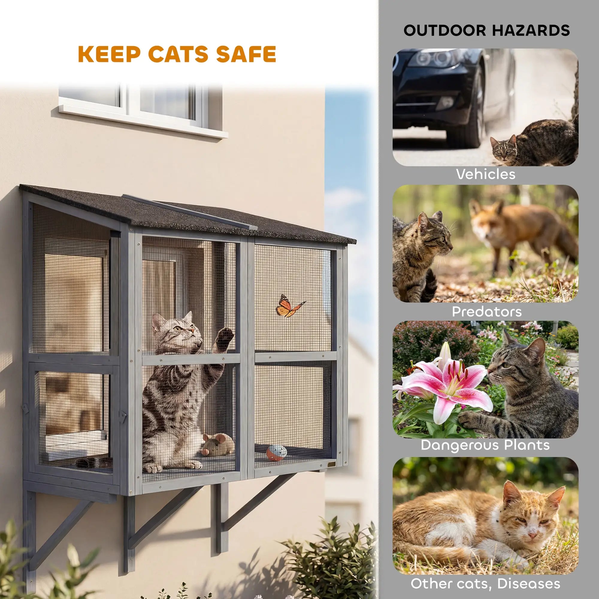 Outdoor Cat Enclosure, Wall-Mounted 2-Level Cat House, Waterproof Roof, 51.2