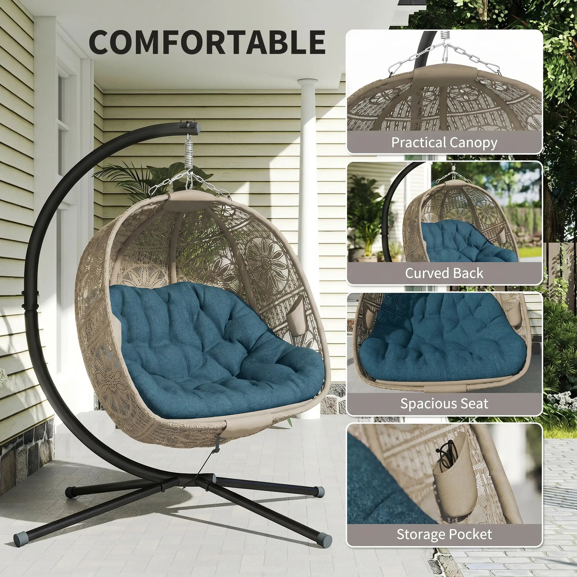 Hanging Egg Chair With Stand, Dark Grey Patio Swings with Stand at Gallery Canada