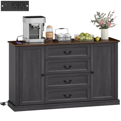 Farmhouse Sideboard with Charging Station, 58" Buffet Cabinet, Black