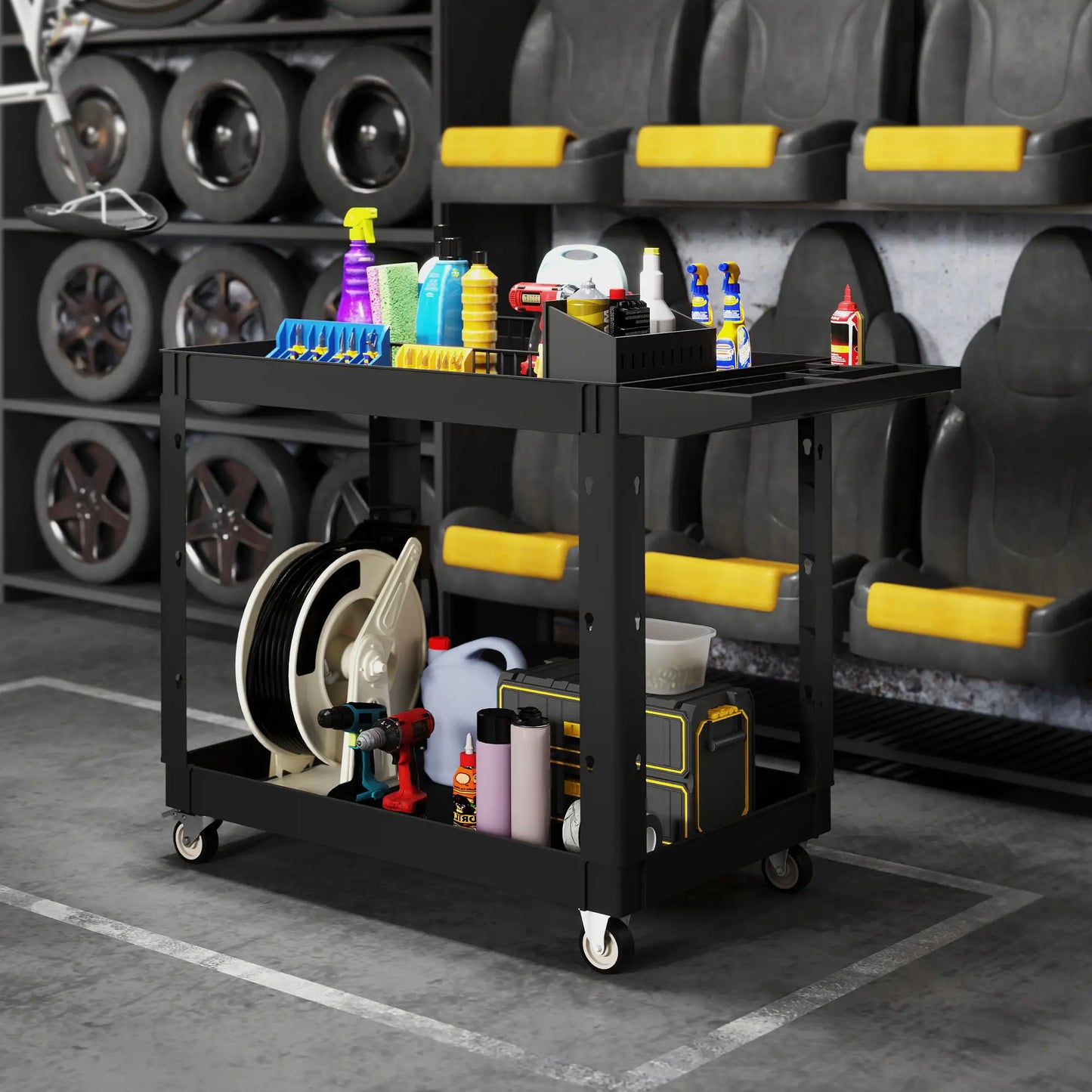 2-Tier Rolling Tool Cart, 500 LBS Capacity Plastic Utility Cart, Black Tool Organizers at Gallery Canada